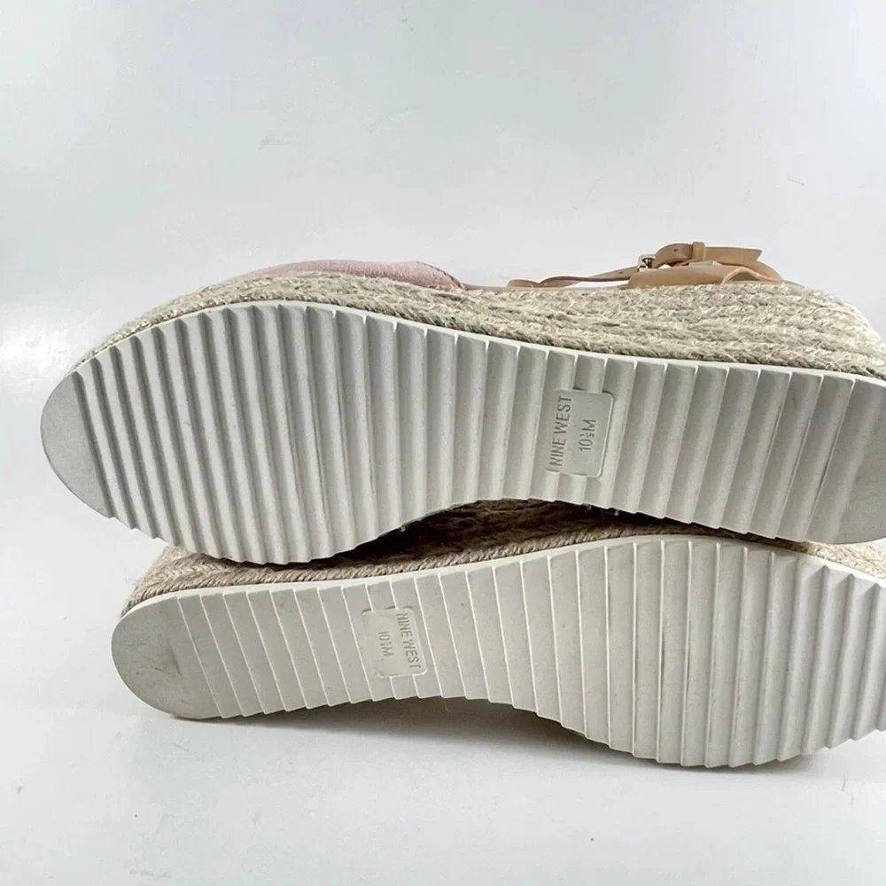 New Nine West Ariela Pink & Beige Espadrille Wedge Sandals Ankle Strap Size 10 M